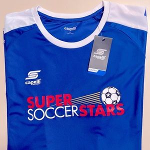 Mens NWT Capelli Sport Super Soccer Stars Jersey XL Blue White Yellow T-Shirt